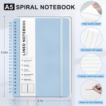 Lined Spiral Journal Notebook, A5 Hardcover Leather Notebook for Work, 5.7''×8.2'', 100GSM Thick Paper Spiral Bound Journaling Notebooks for Women & Men Office School Note Taking Business, Black