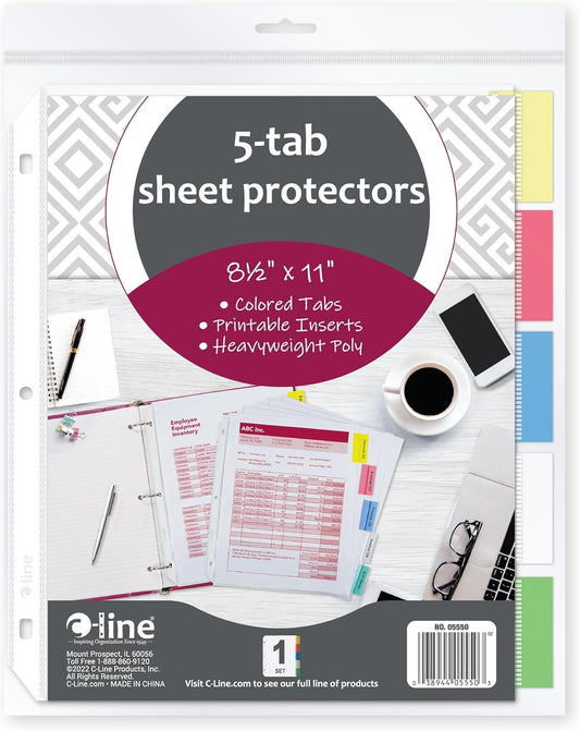 C-Line Polypropylene Sheet Protector with Index Tabs, Assorted Color Tabs, 11 x 8.5 Inches, One 5-Tab Set (05550)