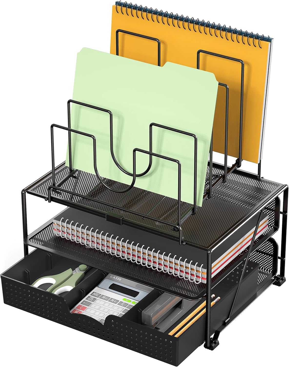 Deco Brothers Desktop File Organizer with Double Tray and 5 Folder Stand, Silver