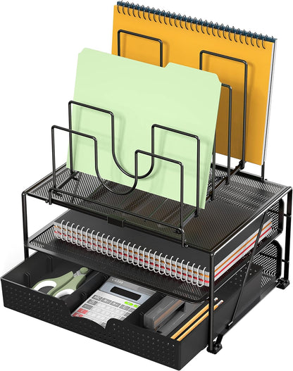 Deco Brothers Desktop File Organizer with Double Tray and 5 Folder Stand, Silver