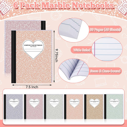 6 Pack Marble Composition Notebook Wide Ruled Preppy Composition Notebooks,Back to School Coquette Aesthetic Notebooks Perfect-bound 80 Pages (40 Sheets) 9.75x7.5 Inches