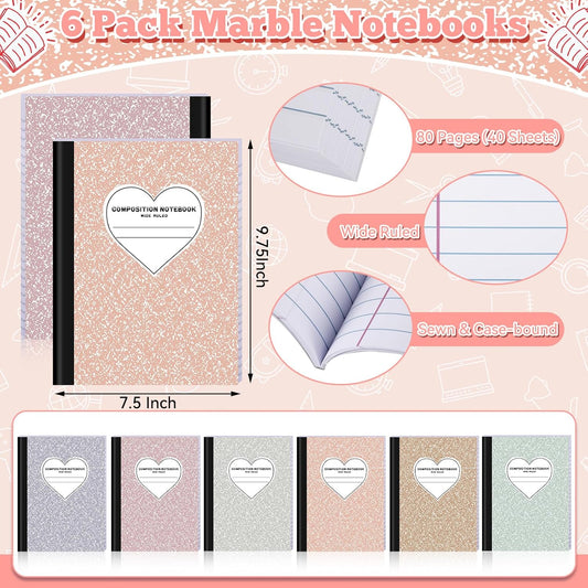6 Pack Marble Composition Notebook Wide Ruled Preppy Composition Notebooks,Back to School Coquette Aesthetic Notebooks Perfect-bound 80 Pages (40 Sheets) 9.75x7.5 Inches