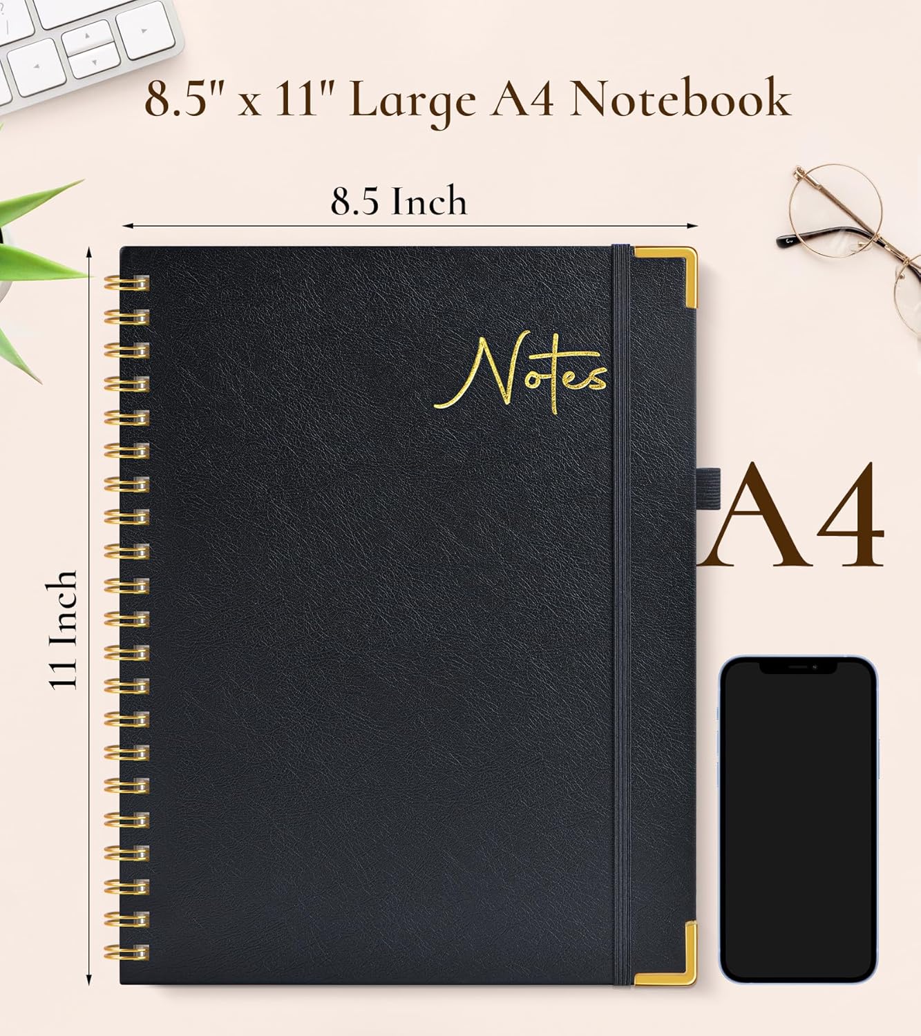Hardcover Spiral Notebook Journal 8.5” x 11”, A4 Large Leather Notebooks for Women Men, Lined College Ruled Notebook, 50 Sheets/100 Pages, Spiral Bound Journals for Work School Note Taking, Green
