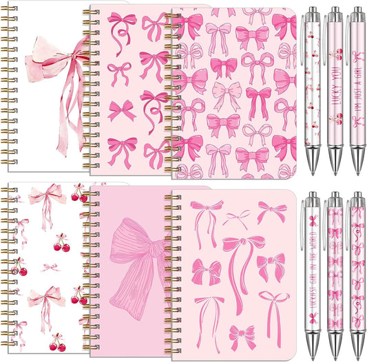 Resurhang 6 Pack A5 Composition Notebook Marble Spiral Notebooks Preppy Cute Aesthetic Hardcover Ruled Composition Books with Ballpoint Pens for School Day Classroom Prize, 5.8 x 8.3 Inch