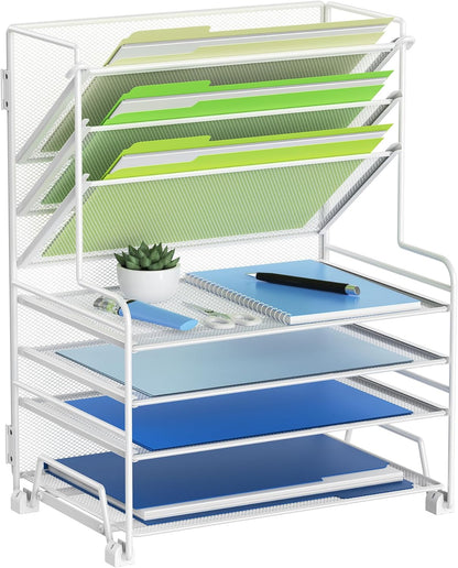MINDEPOT 4-Tier Paper Organizer + 3-Pocket File Holder + Drawer + Pen Holders, Desktop File Organizers Paper Tray for Office Supplies School Classroom Organization (Black, No Drawer & Pen Holder)