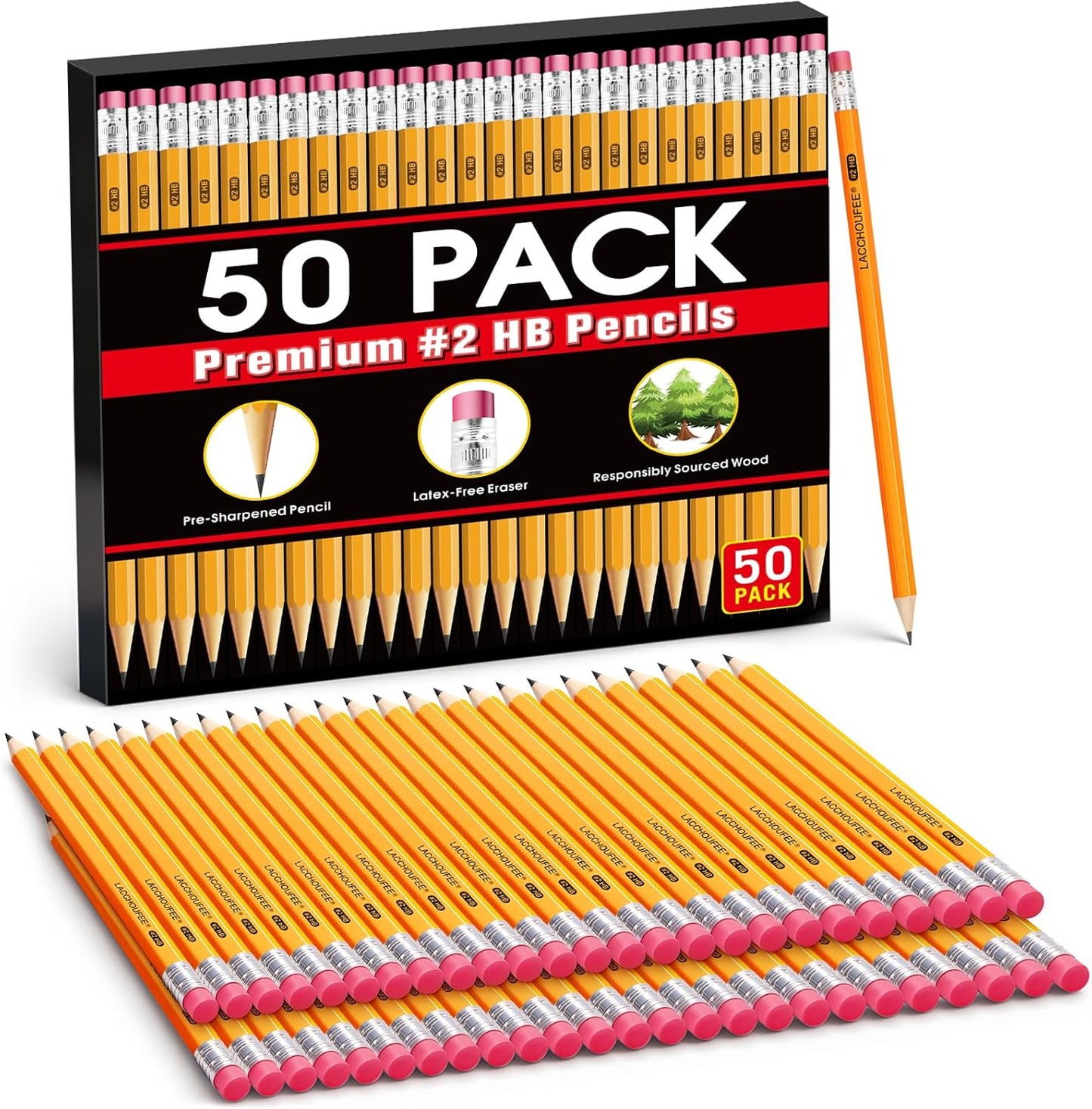 LACCHOUFEE Wood-Cased #2 HB Pencils Bulk, Pre-sharpened with Eraser top, Yellow Pencils for Writhing Drawing, Office, School, Teacher and Classroom Supplies