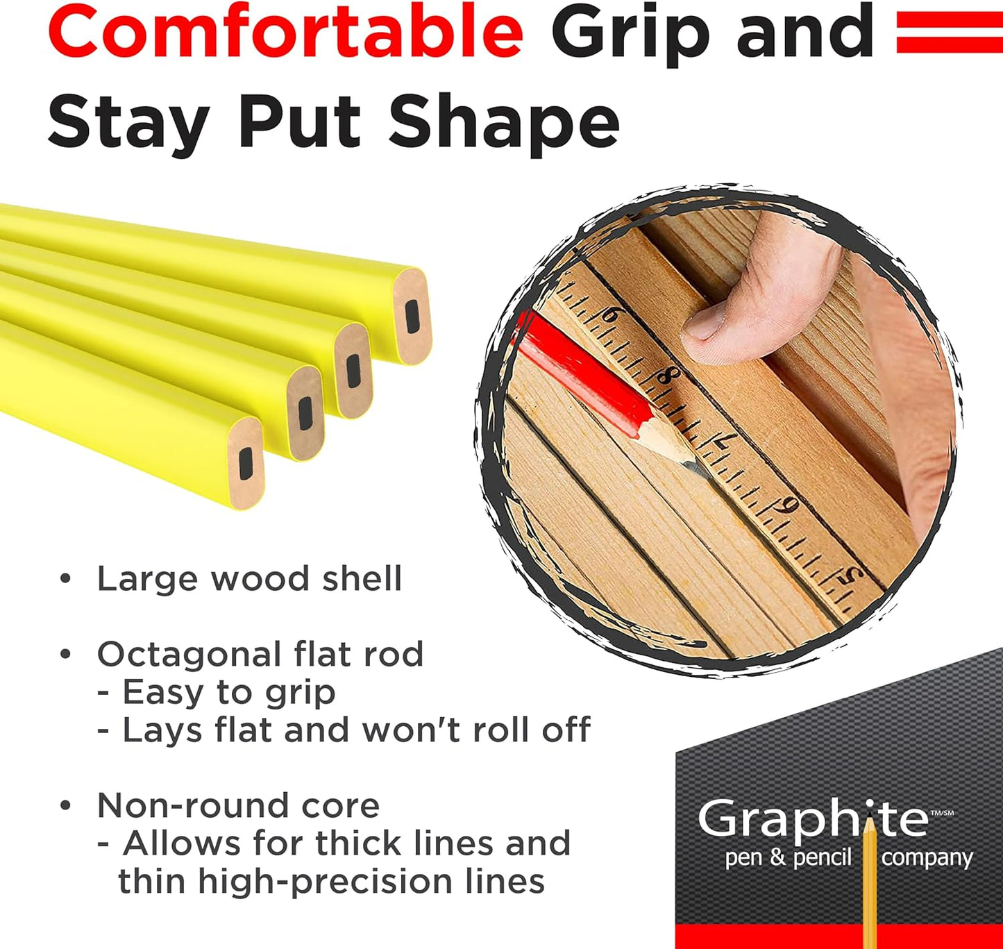 GRAPHITE Hard Lead Carpenter Pencils Bulk - (1) Pack of 12 Pieces Lumber Wooden Pencil #2 (HB) - Red