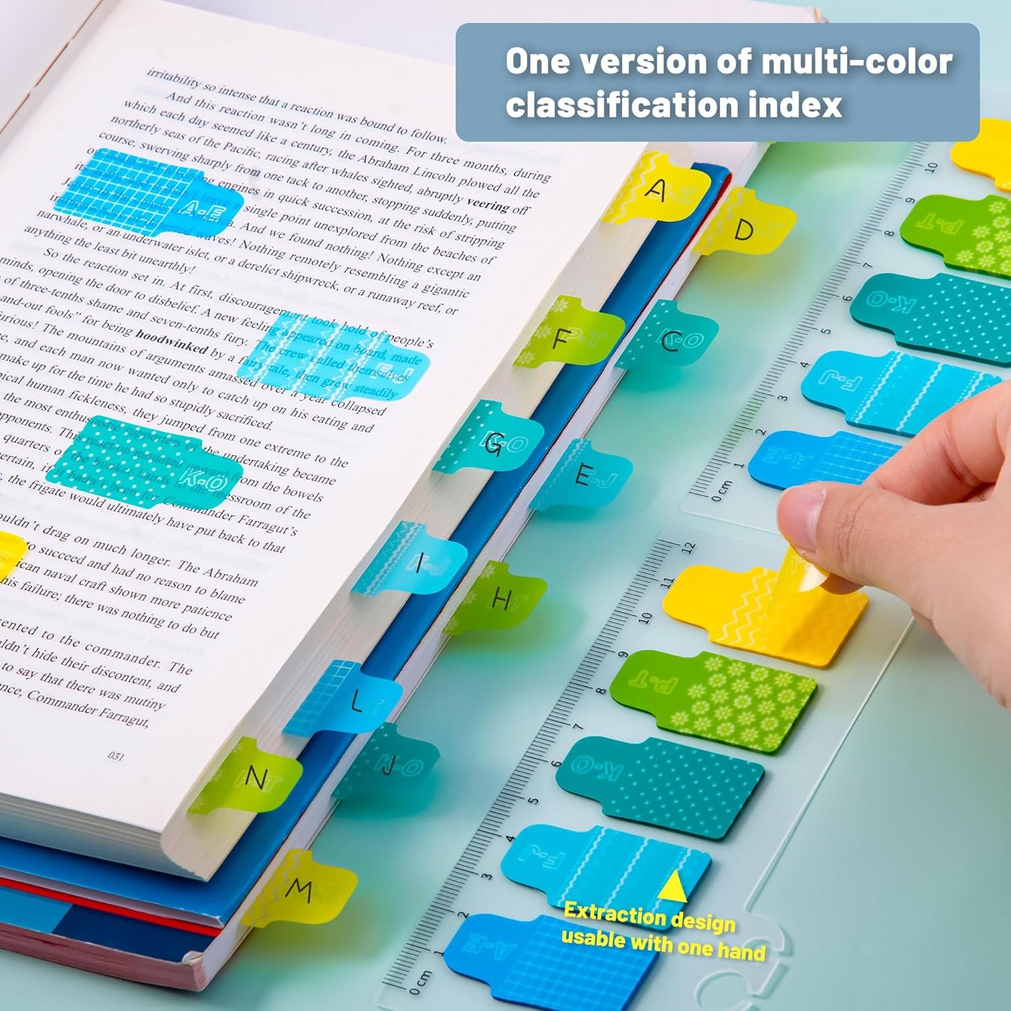 Golcellia Sticky Tabs for Notebooks 600 Pcs 5-Pattern Page Markers with Letter Index Flags, Book Tabs for Binders Bible Study Office School Supplies