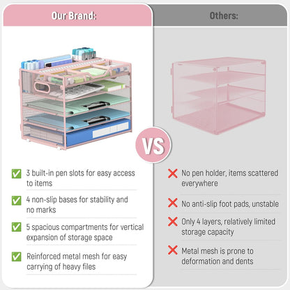 Docnest 5 Tier Letter Tray with Hanging File Organizer-Mesh Desk Organizer-Desktop Storage Box Built in Pen Holder and Handles, File Folder Holder for Mail Documents Office Supplies-Black