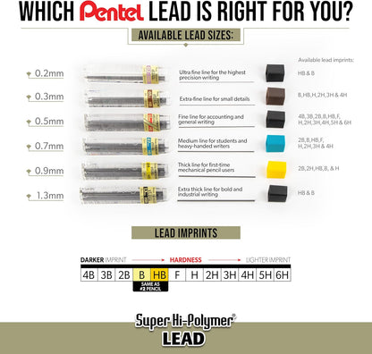 Pentel Super Hi-Polymer Lead Refills, 1.3 mm, HB, 48 Pieces (8 pcs per tube, 6 tubes)