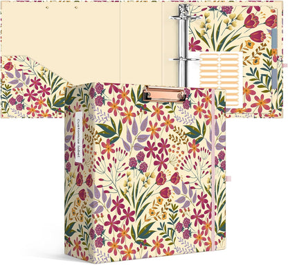 Ospelelf Binder 3 Ring 1 Inch, Floral Round Ring Clipboard Binder for Letter Size with 5 Tab Dividers, File Folder Labels, for School and Office Supplies