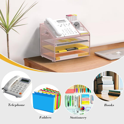 Letter Tray Paper, 4 Tier Desk Organizer with Pen Holder and Handle Mesh File Organizer Paper Sorter Metal Desktop Document Shelf for Office Home Classroom -Black