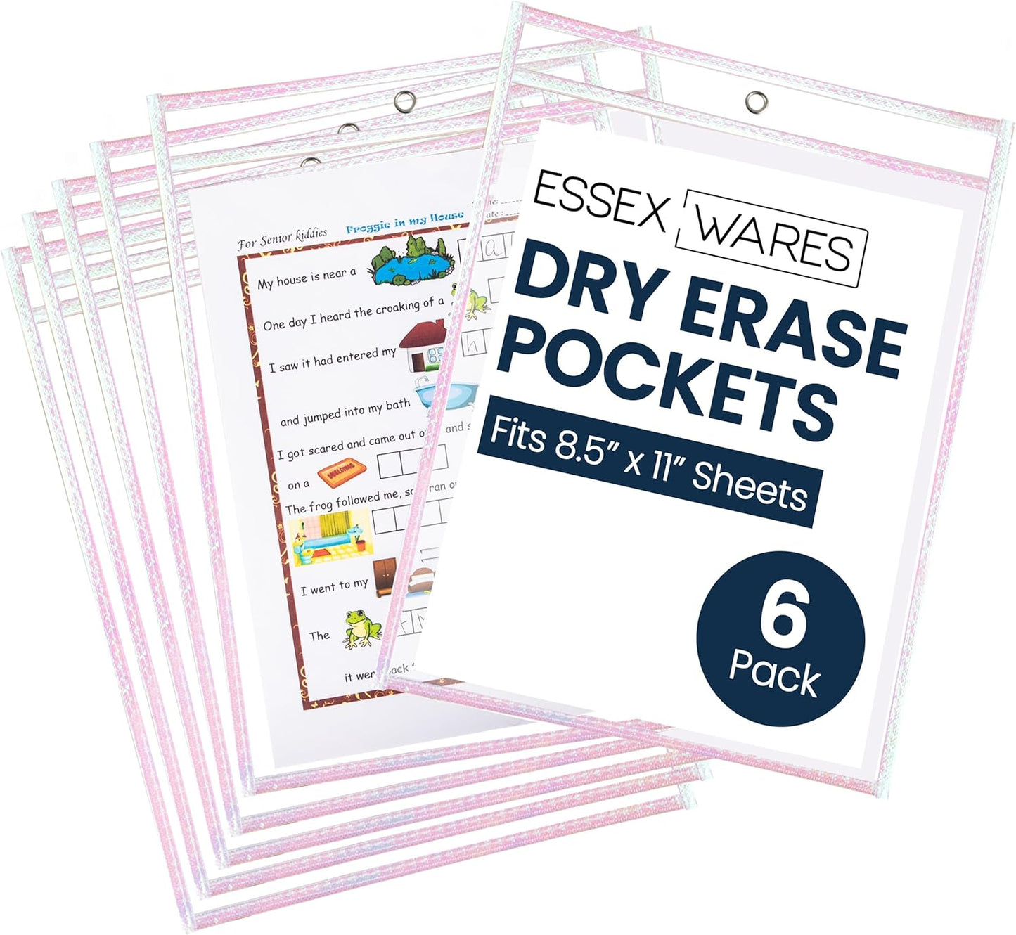 Essex Wares - 6 Pack, Assorted, Dry Erase Pocket Document Protectors, 10" Wide x 13.5" Tall- Dry Erase Clear Plastic Sleeves - Reusable & Easy Erase Plastic Invoice Holders, Water-Resistant & Durable