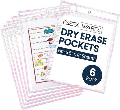 Essex Wares - 6 Pack, Assorted, Dry Erase Pocket Document Protectors, 10" Wide x 13.5" Tall- Dry Erase Clear Plastic Sleeves - Reusable & Easy Erase Plastic Invoice Holders, Water-Resistant & Durable
