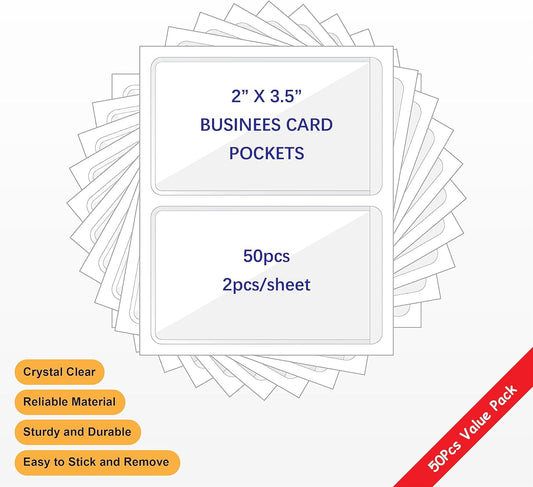 Clear Adhesive 3" x 5" Index Card Pockets With Top Open Loading, 50 Pack, Plastic Labels Holders for Storage Bins and Library, Ideal for Organizing and Protecting Your Cards