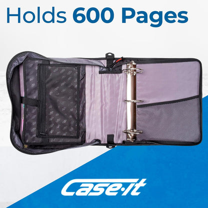 Case-it Mighty Zip Tab School Zipper Binder | 3-Inch O-Rings, 600-Sheet Capacity, 5-Subject Expanding File Folder, Multiple Pockets & Storage Organizer, Shoulder Strap | D-146 Jet Black