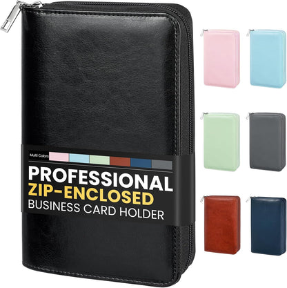 Sooez Leather Professional Business Card Book Holder Organizer, 240 Capacity Credit Card Booklet, PU Name Cards Holder Storage File for Men Women, 7.7 x 4.5 Inch, Black