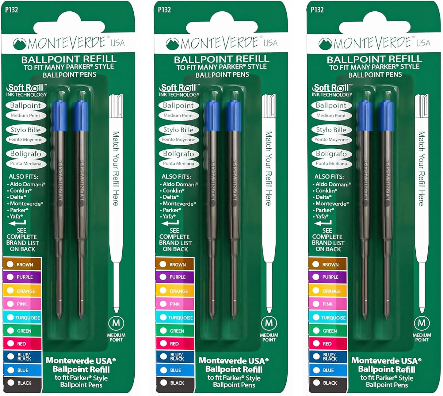 Monteverde Soft Roll Ballpoint Pen Refills to Fit Parker-Style Pens, Medium Point, Brown, 2-Pack, Smooth Writing Technology for Parker, Conklin, Schmidt, and More