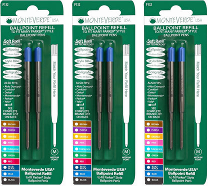 Monteverde Soft Roll Ballpoint Pen Refills to Fit Parker-Style Pens, Medium Point, Brown, 2-Pack, Smooth Writing Technology for Parker, Conklin, Schmidt, and More