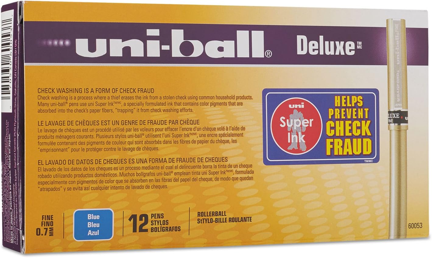 uni-ball 60053 Deluxe Roller Ball Stick Waterproof Pen Blue Ink Fine Dozen