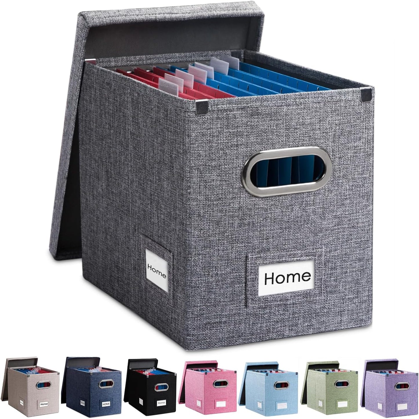 PRANDOM File Organizer Box - Collapsible Decorative Linen Filing Storage with Lids for Letter Size - Grey (14x9.3x10.8 inch)