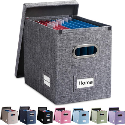 PRANDOM File Organizer Box - Collapsible Decorative Linen Filing Storage with Lids for Letter Size - Grey (14x9.3x10.8 inch)