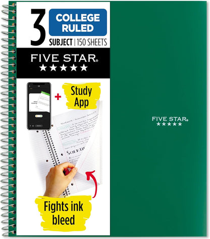 Five Star Spiral Notebook + Study App, 3 Subject, College Ruled Paper, 8-1/2" x 11", 150 Sheets, Fights Ink Bleed, Water Resistant Cover, Amethyst Purple (38746)