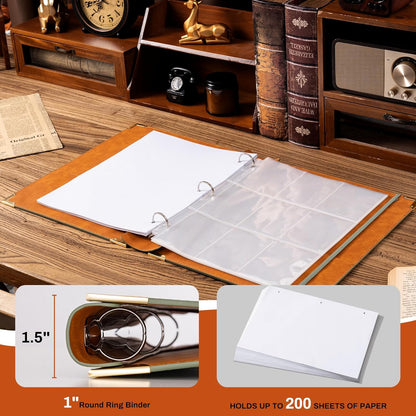 Ovesmusl Leather 3 Ring Binder Fits 8.5"x11" Letter Size Paper, 1 Inch Round Ring Binder Holds 200 Sheets, Notebook Cover Loose Leaf Organizer, Green Tree