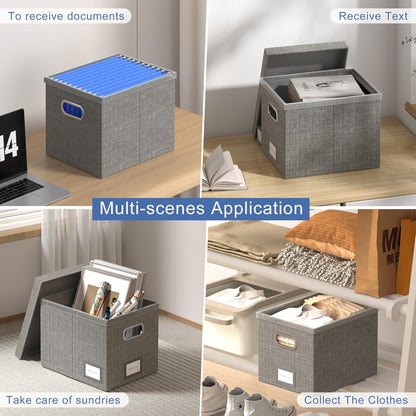 File Organizer Box - File Boxes for Hanging Files with Lid Set of 2 Decorative Hanging Folders Letter Size Organizer with One-Piece Plastic Frame Slides (Grey, 13.2 * 10.1 * 10.1in(2Pack))