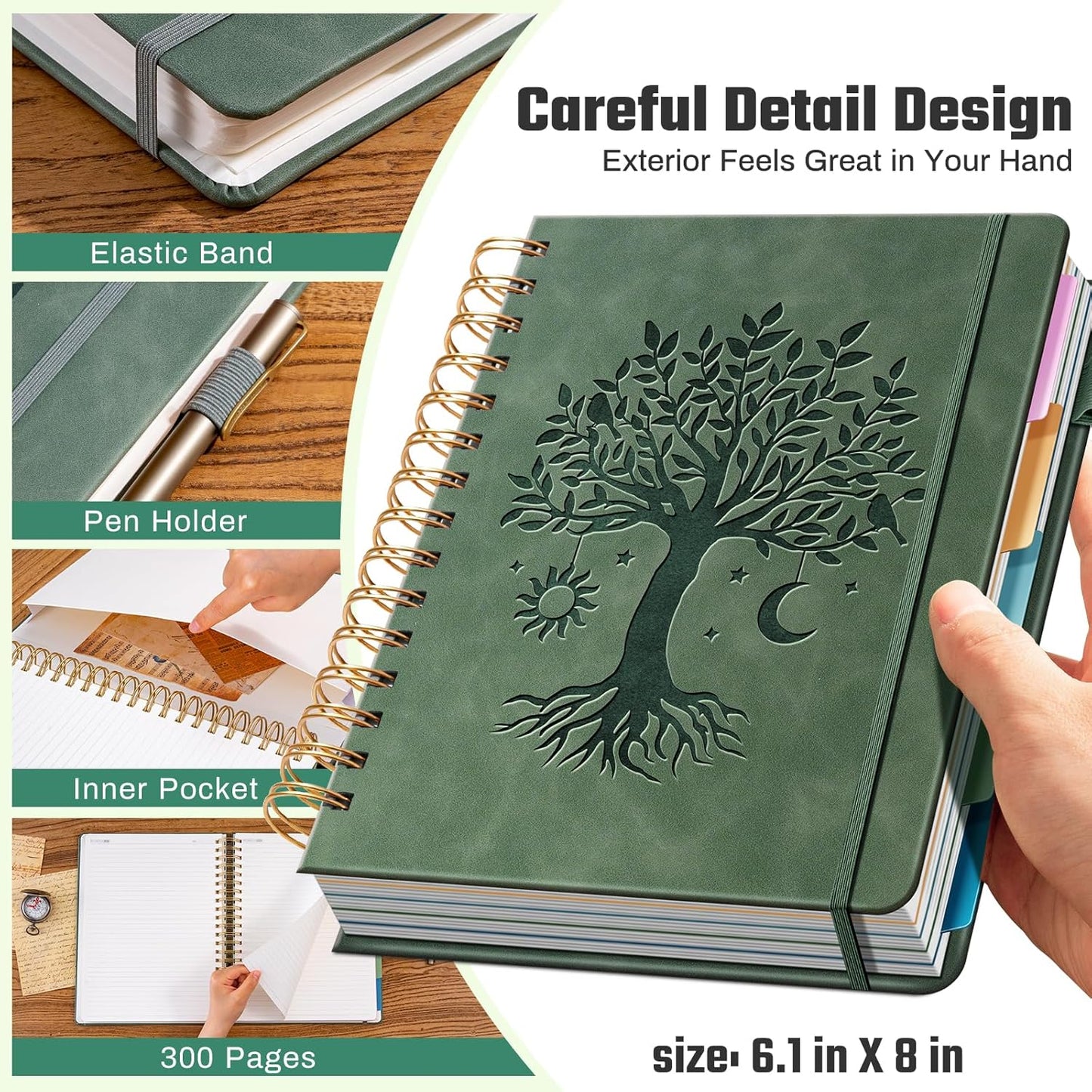 Ovesmusl Hardcover Spiral Notebook 8.5" x 11" with 5 Removable Dividers 300 Pages Leather 5 Subject Notebook College Ruled 100GSM Large Spiral Notebooks for Work Thick Lined Journal for Women, Green