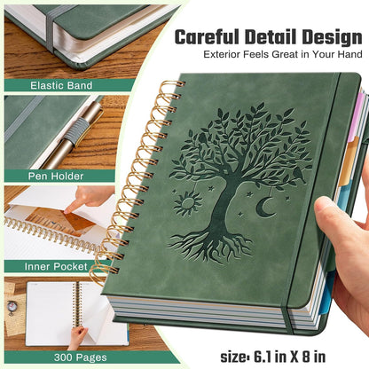Ovesmusl Hardcover Spiral Notebook 8.5" x 11" with 5 Removable Dividers 300 Pages Leather 5 Subject Notebook College Ruled 100GSM Large Spiral Notebooks for Work Thick Lined Journal for Women, Green