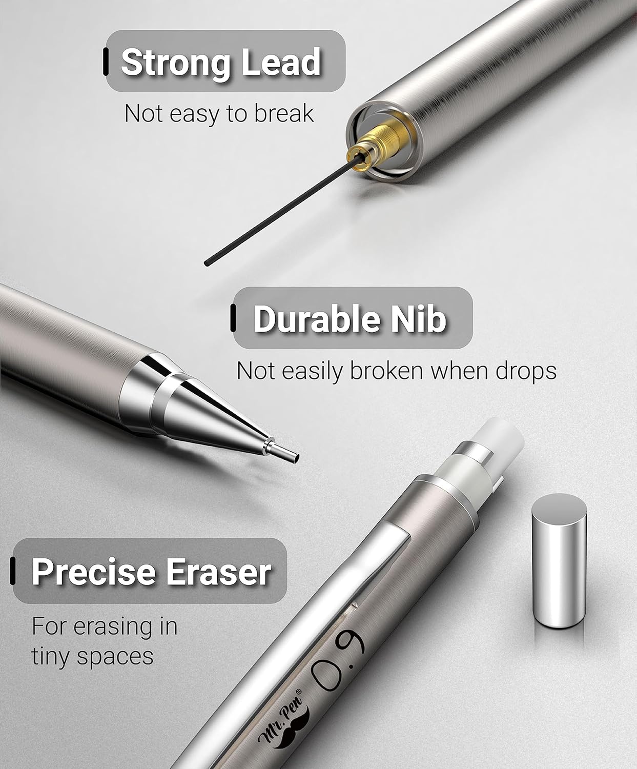 Mr. Pen- Metal Mechanical Pencil Set with Lead Refills & Erasers, 2mm, HB & Colored Lead Refills, 4x Eraser Refills for School Supplies, Note Taking, Drawing, Sketching, Office