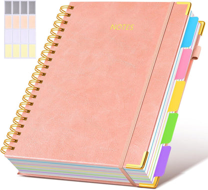 Hardcover Spiral Notebook Journal with Removable Dividers Tabs, 300 Pages Leather 5 Subject Notebook College Ruled, 8"x10" Large B5 Notebooks for Work School Note taking, Lined Journal for Women, Pink