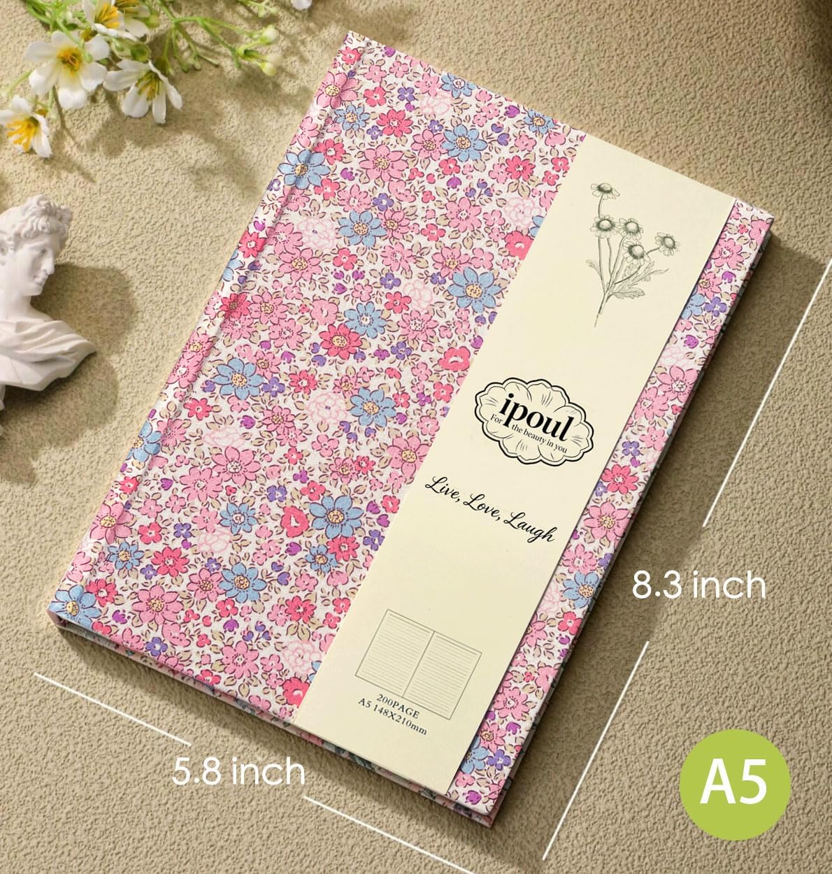 ipoul Flower Notebook, A5, 6x8, Hardcover, Lay Flat, Lined Paper, Journal for Women, Writing Notebook, Pretty, Hibiscus, Pink, Birthday Gifts for Women, Wedding Shower Gifts, Mothers Day Gift