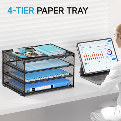 Lavatino 3-Tier Letter Tray Desk Organizer, Mesh Metal Paper File Tray Organizer for Desk, Office Supplies & Home Organization, Fits A4 Paper, Mail, Magazines & Office Accessories (Black with Handle)