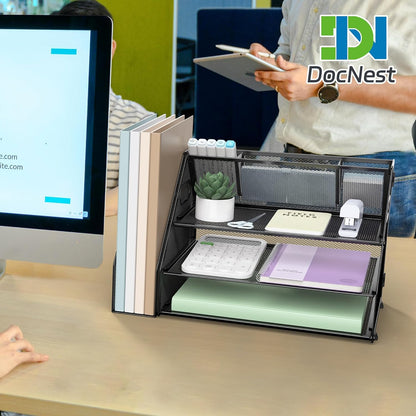 Docnest 5 Tier Letter Tray with Hanging File Organizer-Mesh Desk Organizer-Desktop Storage Box Built in Pen Holder and Handles, File Folder Holder for Mail Documents Office Supplies-Black