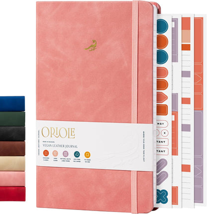 Oriole Vegan Leather Ruled Notebook - Chestnut Brown | 176 Pages of Thick Lined Paper | Soft Touch Hardcover Journal (5 x 8 in) with Gold Foil Bird Design & Luxury Gift Box