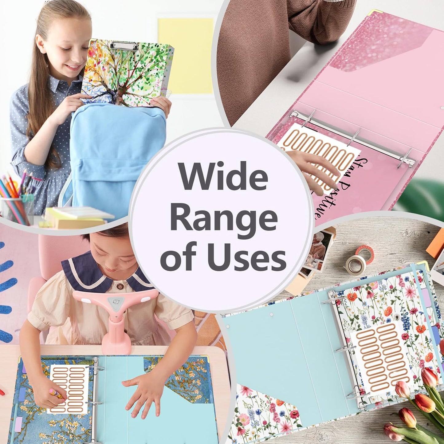 3 Ring Binder 2 Inch Round Ring Binder with 6 Tab Dividers，2 Interior Pockets，Cute Binder Clipboard with Storage, for School Office, Portfolio(Almond Tree)