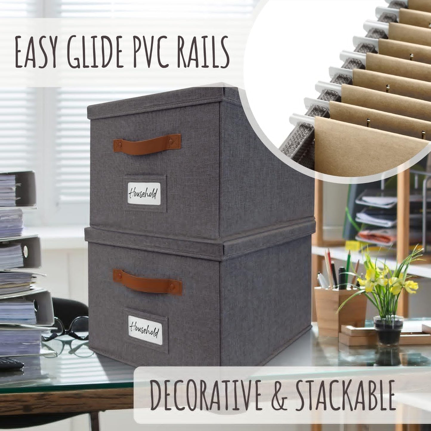ZICOTO Decorative File Organizer Box Set of 2 - Collapsible Linen Filing Cabinets with Handles Are Perfect to Store All Your Documents & Hanging File Folders - Portable Easy Slide Crates with Lid