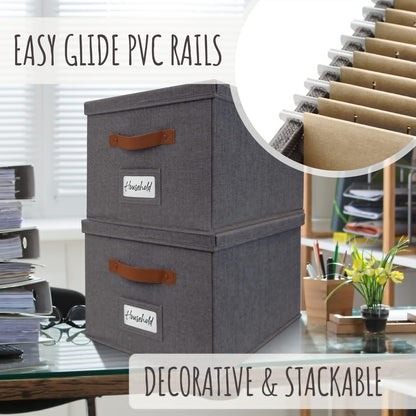ZICOTO Decorative File Organizer Box Set of 2 - Collapsible Linen Filing Cabinets with Handles Are Perfect to Store All Your Documents & Hanging File Folders - Portable Easy Slide Crates with Lid