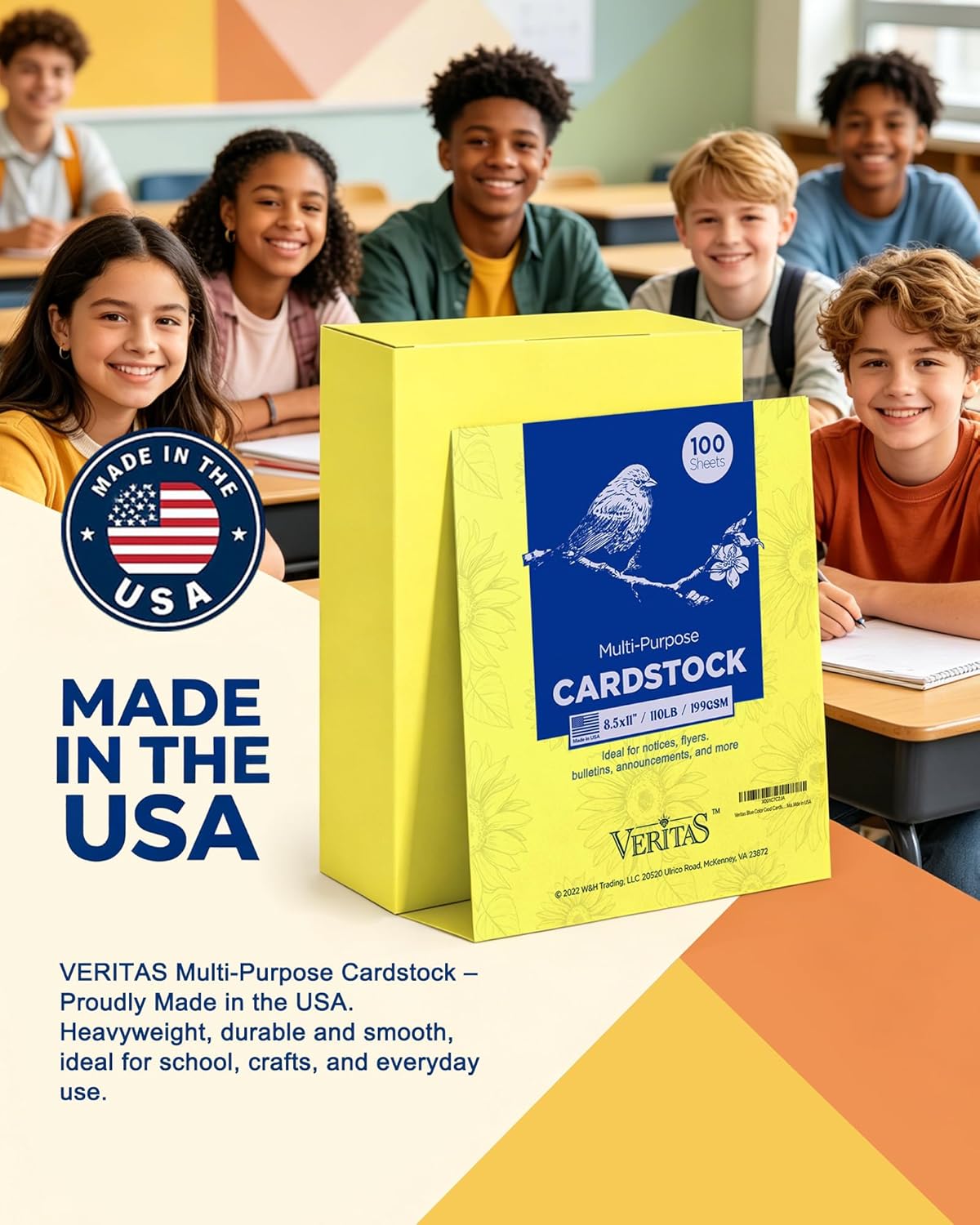 Veritas White Cardstock 8.5 x 11”, 110LB Index/199GSM Heavyweight Card Stock, 100 Sheets, Thick Cardstock Printer Paper for Copy, Printing, Art Projects, Invitations, Made In USA