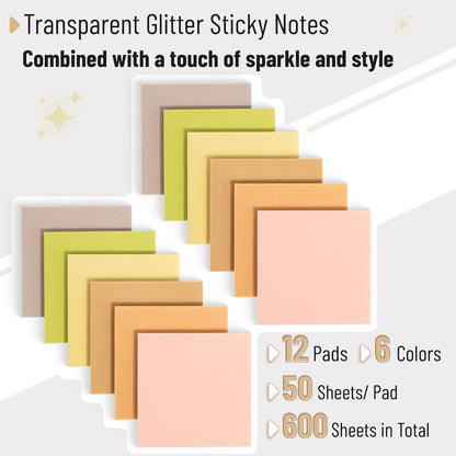 Mr. Pen- Transparent Glitter Sticky Notes, 3”x3”, 12 Pads, 600 Sheets, Colorful, Plastic Glitter Sticky Notes Bulk, Self-Stick Note Pads for Women, Office, School, Home, Study & Organization