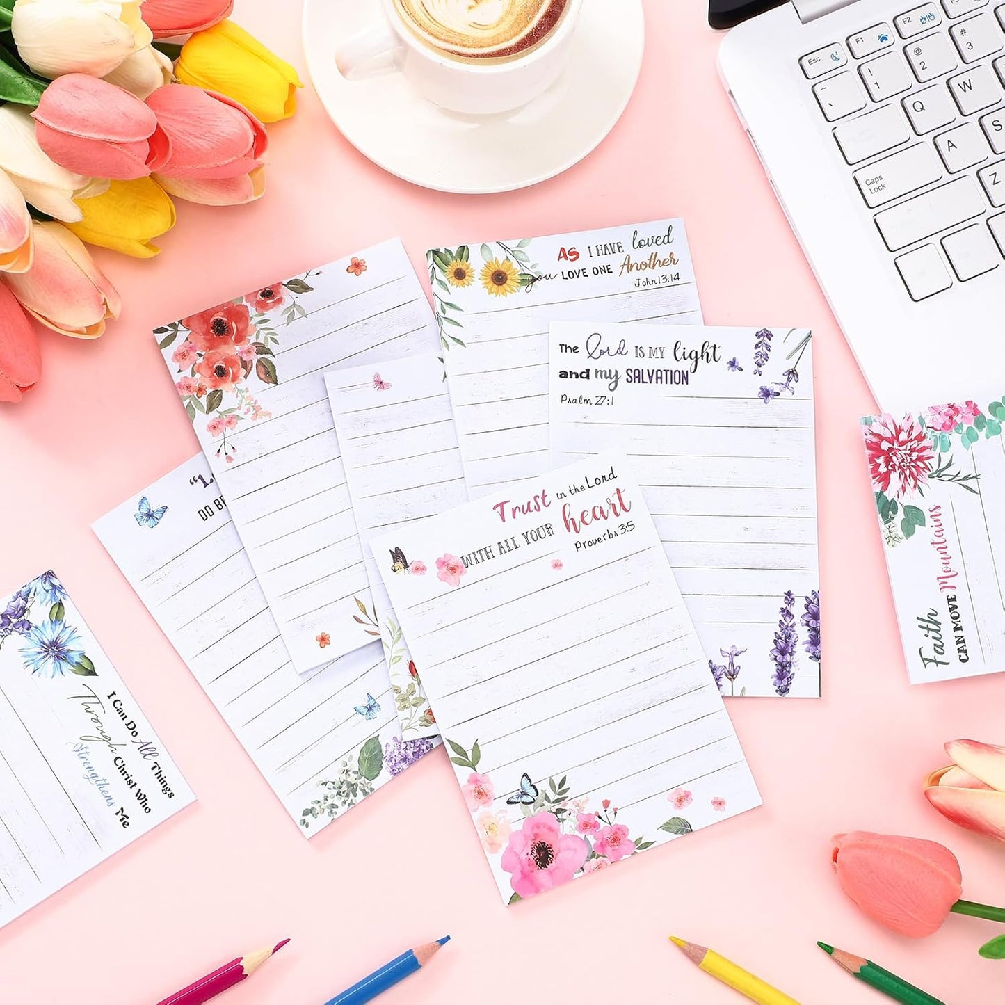 Gersoniel 8 Pack Christian Sticky Notes Gifts for Mothers Day Bulk for Church Small Scripture Inspirational Memo Pads Floral Adhesive Religious Bible Verse Quotes Notepads, 4 x 5.5 Inch(Simple Style)