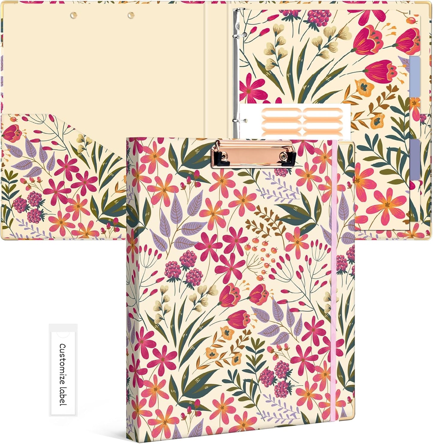 Ospelelf Binder 3 Ring 1 Inch, Floral Round Ring Clipboard Binder for Letter Size with 5 Tab Dividers, File Folder Labels, for School and Office Supplies