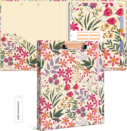 Ospelelf Binder 3 Ring 1 Inch, Floral Round Ring Clipboard Binder for Letter Size with 5 Tab Dividers, File Folder Labels, for School and Office Supplies