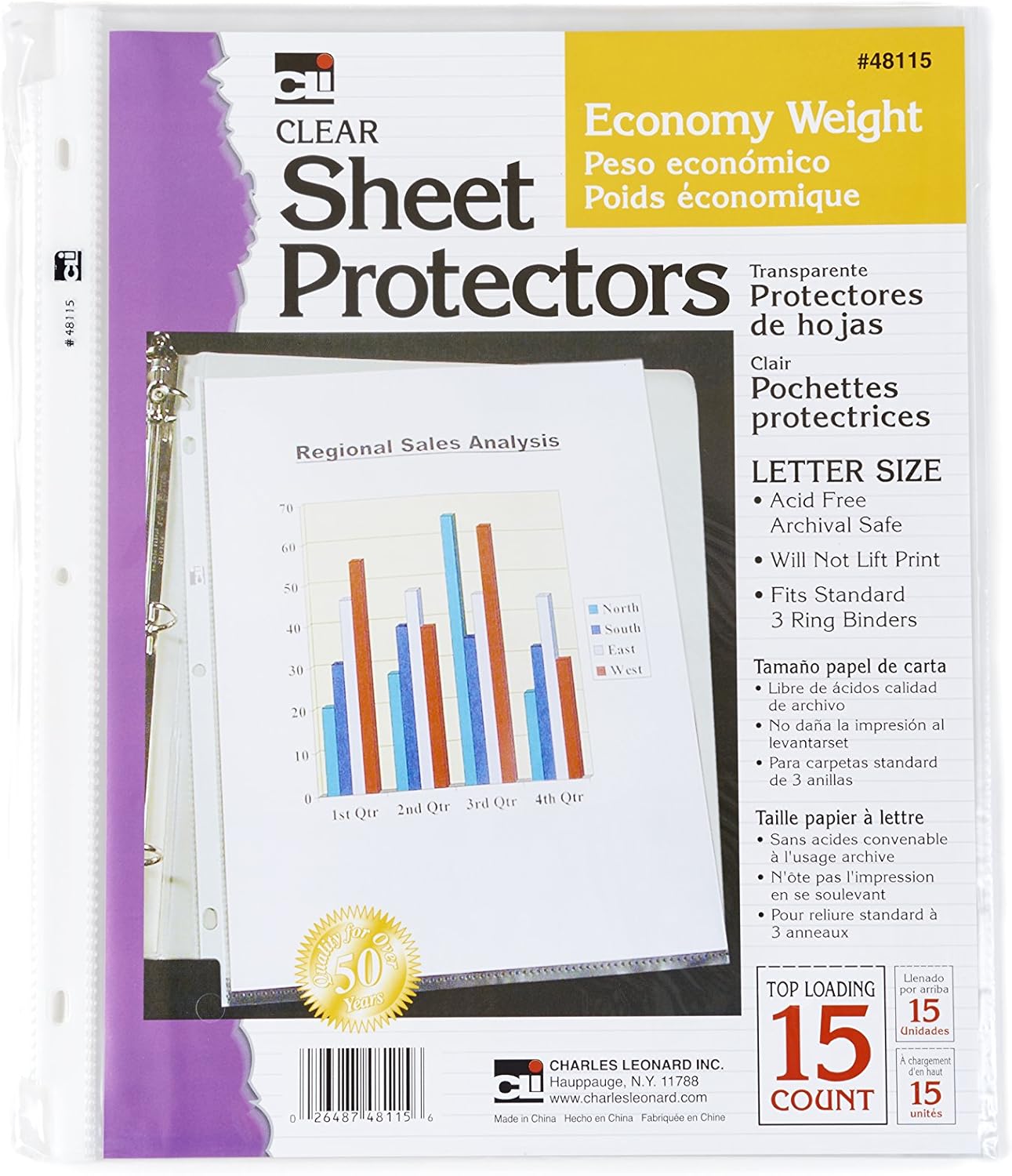 Charles Leonard Sheet Protectors, Top Loading with Binder Holes, 2 Mils Economy Weight, Letter Size, Clear, 15-Pack (48115)