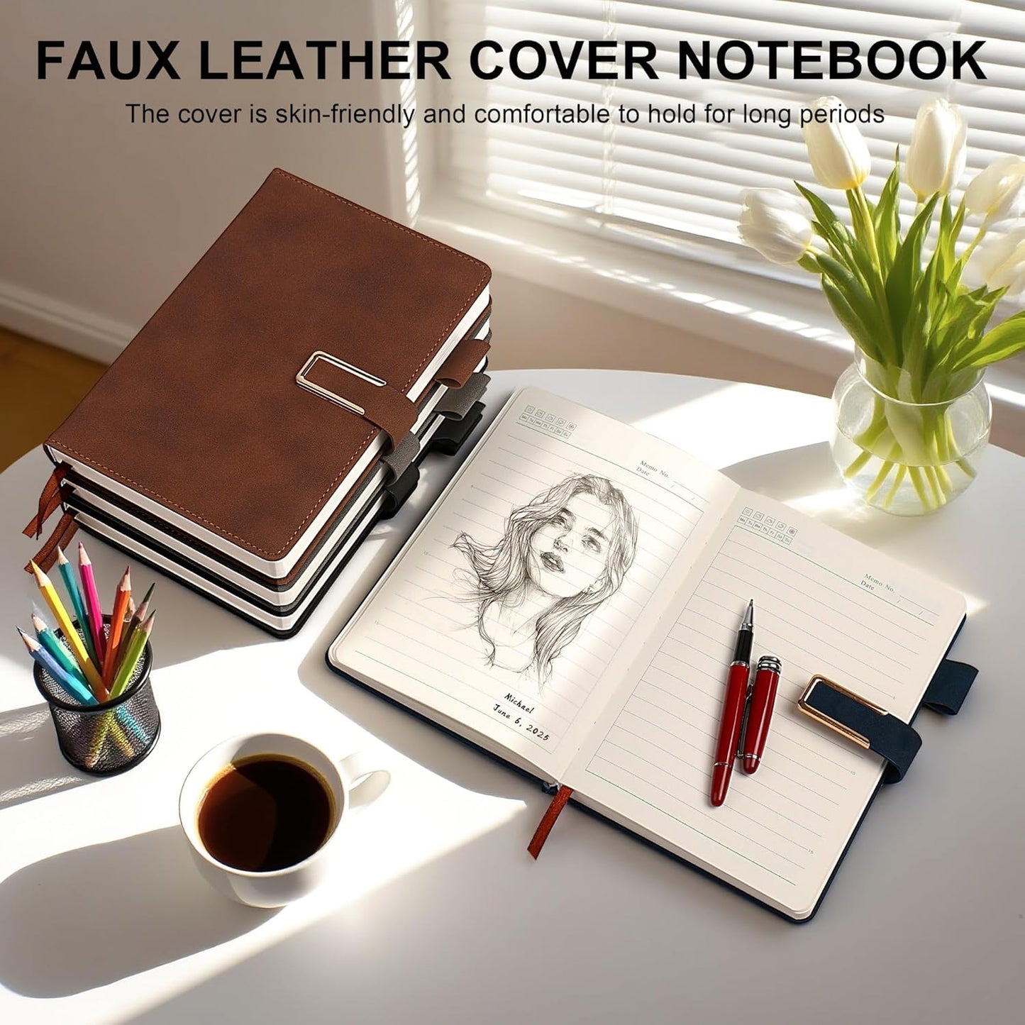 Hardcover Lined Notebook Journal for Women & Men,256 Pages 5.7 x 8.3 inches,A5 Ruled Notebooks Magnetic Closure Leather Journal,Daily for Work,Meeting,Travel,Writing,School and Note Taking (Gray)
