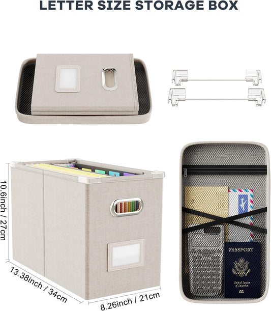 Oterri File Organizer Box with Lid, Hanging Filing File Box with Mesh Pocket, Document Organizer Box for Letter Files, Portable Storage Box with Smooth Sliding Rail for Office&Home (1 PCS, Beige)