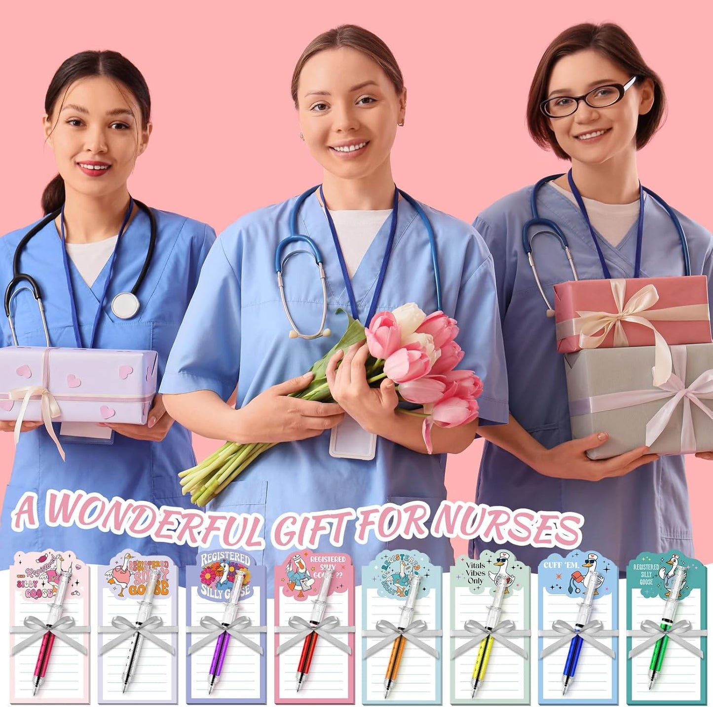 Laumoi 8 Set Funny Nurse Notepad with Pen 2026 Nurse Week Gift Bulk Nursing Sticky Note Die Appreciation Memo Pad with Syringe Ballpoint Pen for Medical Assistant Rn Cna Lrn (Novel, Bright Color)