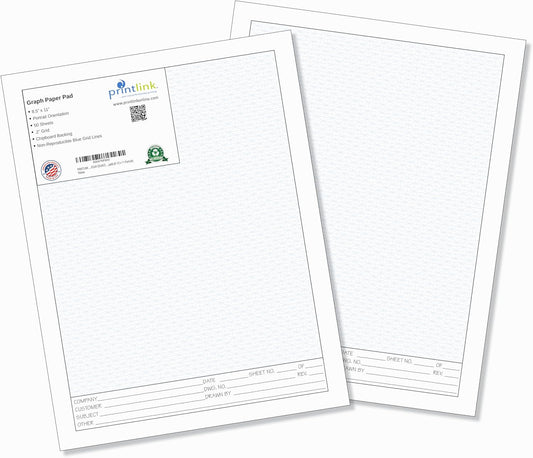 Printlink 11"x 8 1/2" Engineering Graph Paper Pads (2-Pack) – 1/4" Blue Grid Drafting Sheets with Title Block – 50 Sheets Per Pad for Blueprints, Technical Drawing & Design